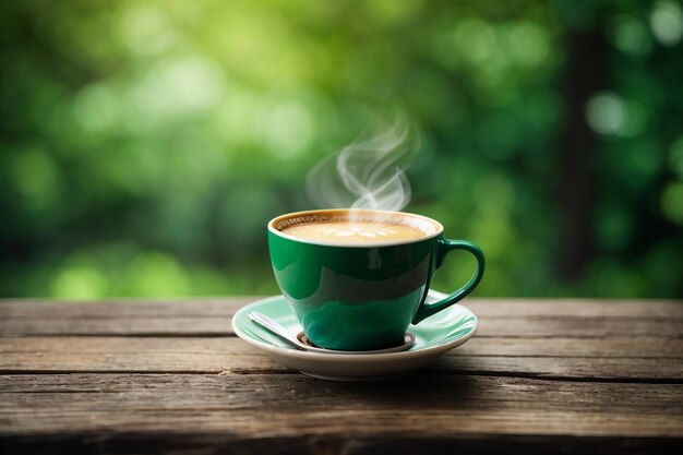 Warmer Kaffee in der Tasse auf einem alten Holztisch mit verschwommenem dunkelgrünem Naturhintergrund, weicher Fokus