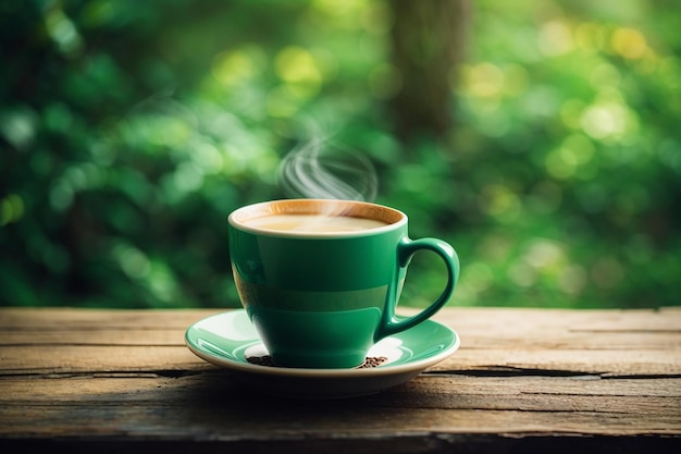 Warmer Kaffee in der Tasse auf einem alten Holztisch mit verschwommenem dunkelgrünen Naturhintergrund im Vintage-Stil