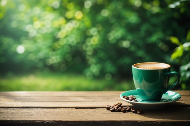 Foto warmer kaffee in der tasse auf einem alten holztisch mit verschwommenem dunkelgrünen naturhintergrund im vintage-stil