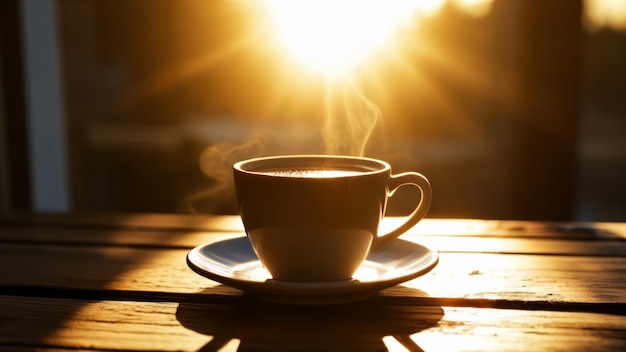 Warmer Morgenkaffee perfekt mit dem Sonnenaufgang