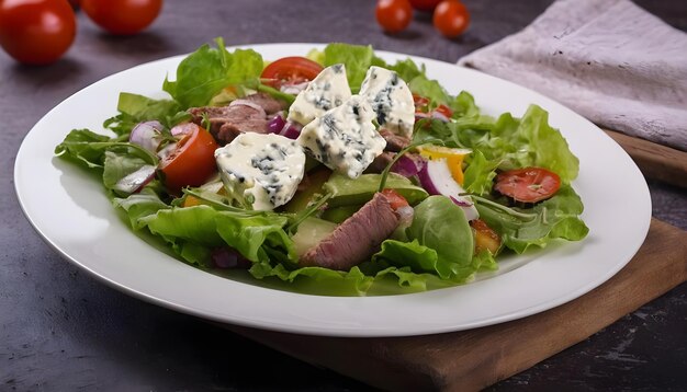 warmer Salat mit Fleisch und Gemüsesalat mit Schafkäse