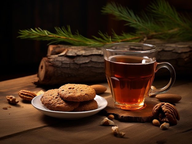 Warmer Tee mit Kekse auf einem alten Holztisch