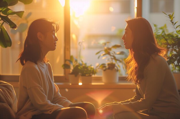 Foto warmes goldenes sonnenlicht badet eine mitfühlende therapiediskussion, die die unterstützung der psychischen gesundheit hervorhebt.