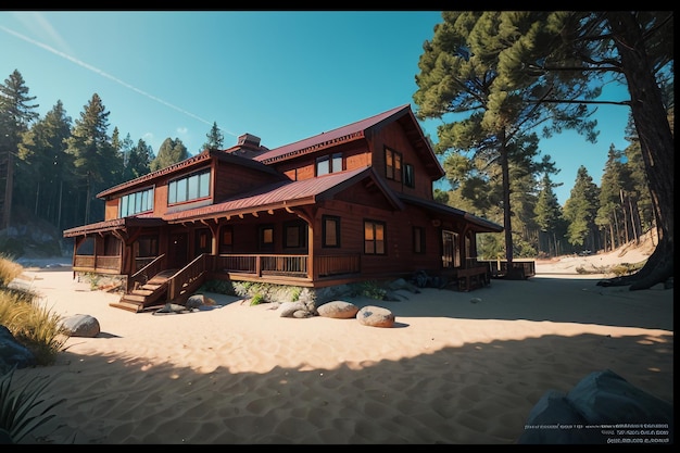 Warmes Haus in einer modernen Blockhütte im Villa-Design am Waldfluss-Hausdesign-Hintergrund