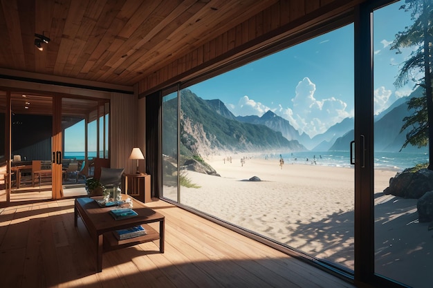 Warmes Haus in einer modernen Blockhütte im Villa-Design am Waldfluss-Hausdesign-Hintergrund