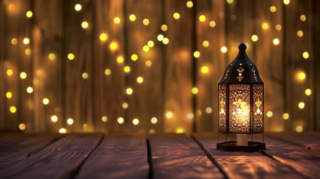 warmes LED-Licht auf Kieferholz-Hintergrund Ramadan Generative Ai