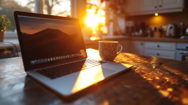 Warmes Sonnenlicht auf einem Schreibtisch mit einem Laptop und einer Tasse Tee.