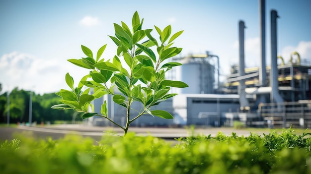 Warnung vor Umweltproblemen beim Wachsen grüner Bäume in Chemiefabriken