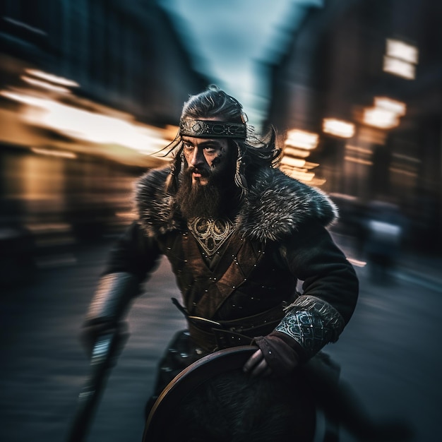 Foto warrior's gaze cinemática larga exposición de vikingo con poca luz