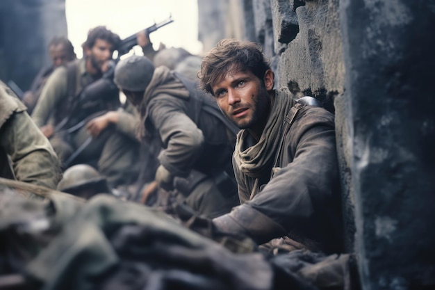 Foto warriors reminiscence um pobre soldado caucasiano abraçando sua família em uma rua soviética abandonada durante a segunda guerra mundial