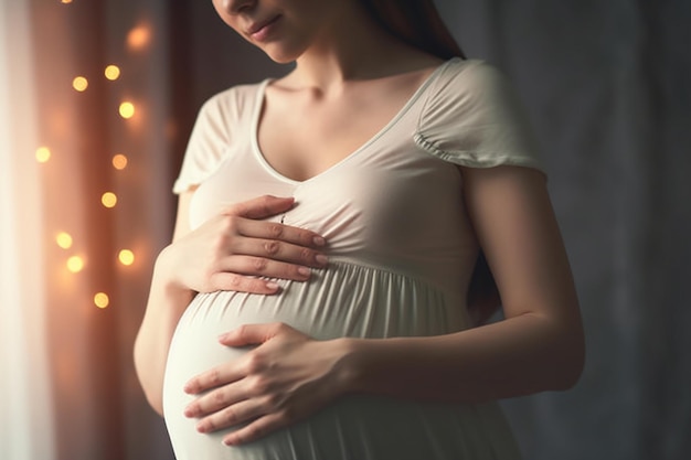 Warten auf ein Baby Nahaufnahme einer schwangeren Frau, die ihren Bauch berührt, während sie auf dem Parkplatz sitzt Generative KI