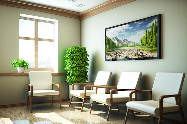 Wartezimmer in der Klinik oder im Büro mit bequemen Stühlen und großem Smart-TV