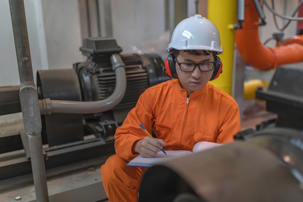 Wartungstechniker in einer Heizungsanlage Petrochemiker überwachen den Betrieb von Gas- und Ölleitungen in der Fabrik Ingenieure setzen Hörschutz in einen Raum mit vielen Rohren