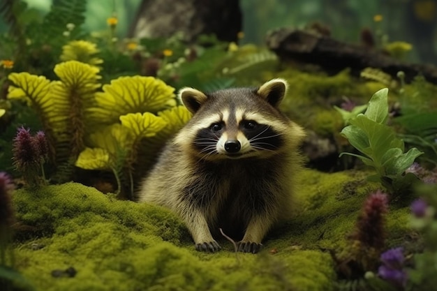 Waschbär im Wald mit Blumen