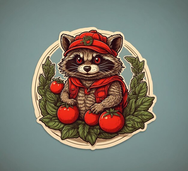 Waschbär mit rotem Mantel und Tomaten Vektorillustration