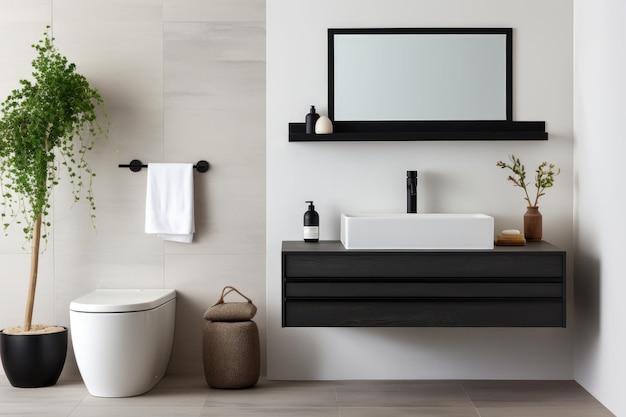 Waschbecken im Badezimmer Schwarz-Weiß Innenarchitektur Generative KI