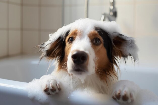 Waschendes Haustier Niedlicher Hund im Bad mit Shampooschaum Generative KI