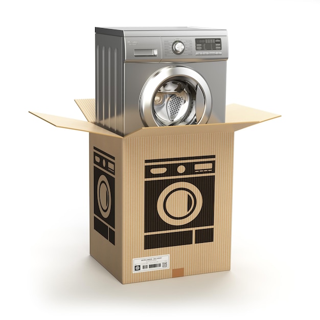 Waschmaschine im Karton E-Commerce-Internet-Online-Shopping und Lieferkonzept