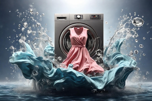 Waschmaschine mit rosa Kleid und Wasserstränken Reinigung von Kleidung Wäscherei