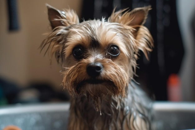 Waschprozess kleiner Hund in einem von einem Fachmann gewaschenen Badezimmer