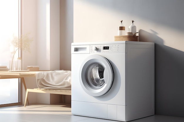 Waschzimmerinterieur mit Waschmaschine und Handtüchern 3D-Rendering