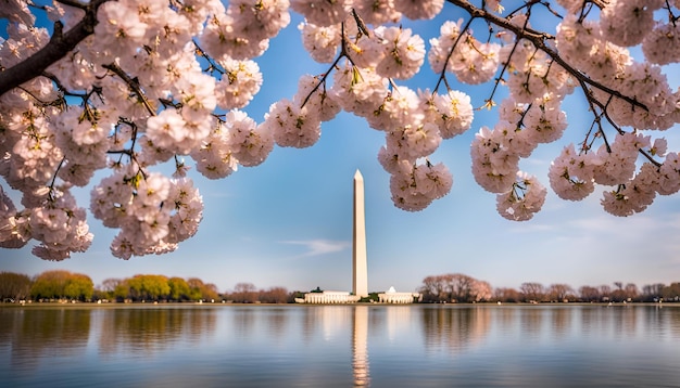 Foto washington dc eua na bacia de maré com o monumento a washington na temporada de primavera