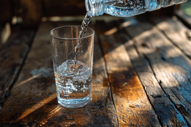 Foto wasser, das aus einer plastikflasche in ein glas gegossen wird, bildet blasen und spritzt