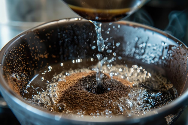 Foto wasser, das in eine tasse gegossen wird, beim kaffeebereitungsprozess