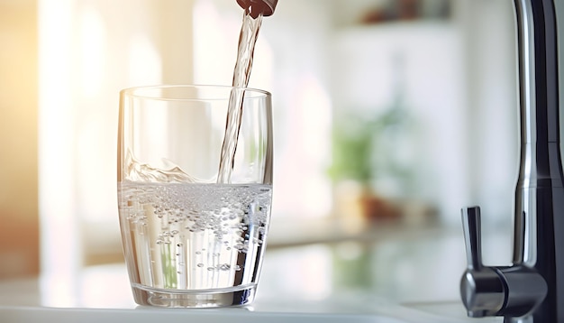 Wasser fließt aus einem Wasserhahn in ein Glas über verschwommenen weißen Kitc