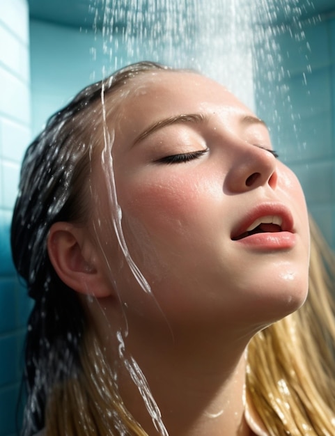 Wasser fließt in der Dusche auf das Gesicht einer jungen Frau