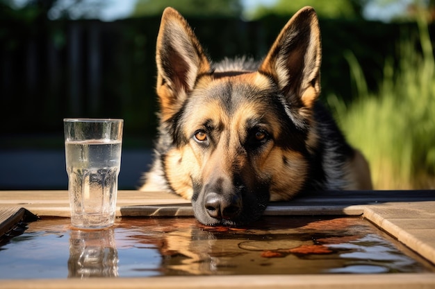 Wasser für Hunde Deutscher Schäferhund löscht den Durst in der Sommersonne