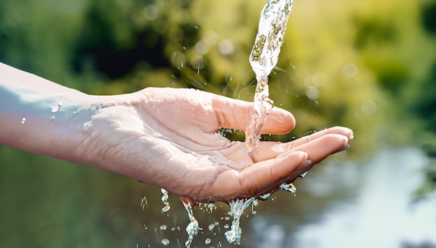 Wasser gießen und spritzen in Frau schneiden Hand auf Natur Hintergrund Erdtag Umweltfragen