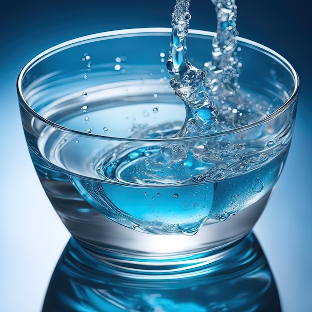 Wasser im Glas mit blauem Spritzer, frisches Wasser mit Eis in einem Glas