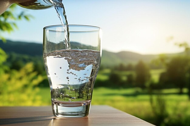 Wasser in ein Glas gegen die Naturlandschaft gießen