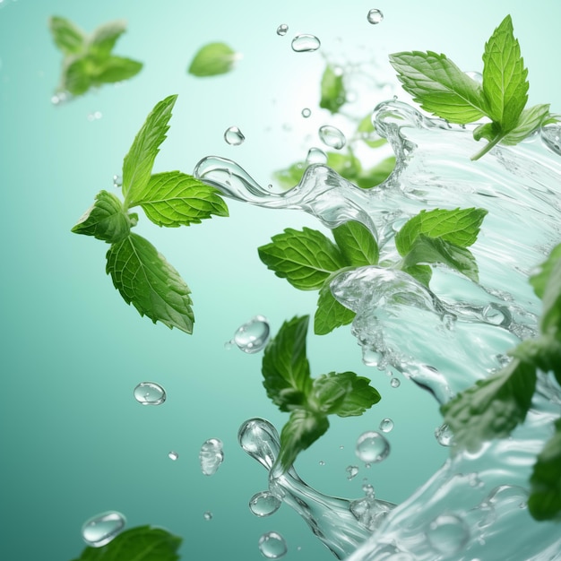 Foto wasser mit mentholblatt-geschmack trinken auf wasser-hintergrund