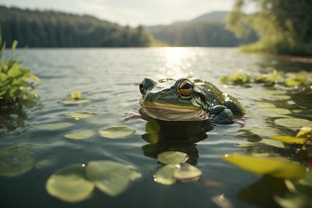 Wasser schimmert im Sonnenlicht. Ein kleiner Frosch sitzt am Rand