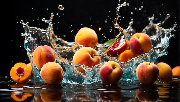 Wasser-Splash-Frucht auf schwarzem Hintergrund Wein-Apricot-Ausgabe