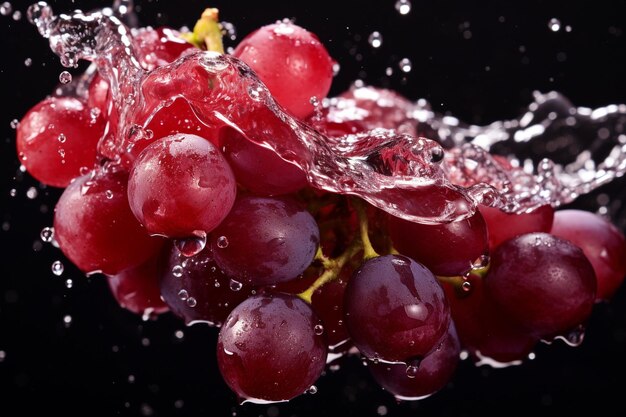 Wasser spritzt auf frische rote Trauben über rot