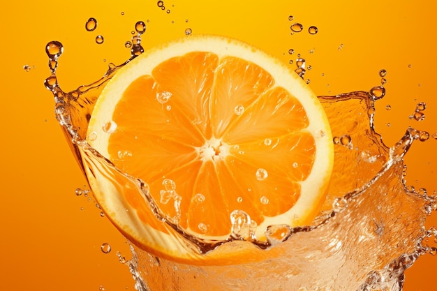 Wasser spritzt auf geschnittene Orangen auf einem orangefarbenen Hintergrund