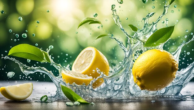 Foto wasser spritzt auf zitronen und grünteeblätter