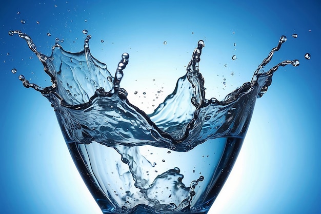 Wasser spritzt in ein Glas auf blauem Hintergrund in Nahaufnahme