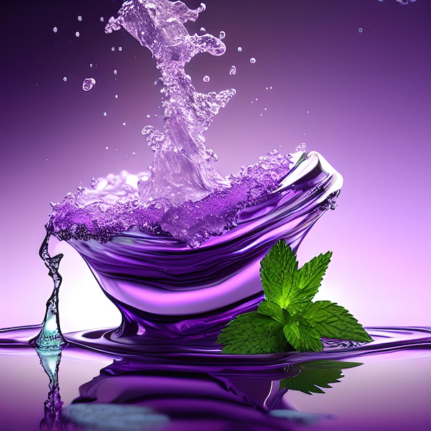 Wasser spritzt mit violettem Menthol oder violetten Minzblättern