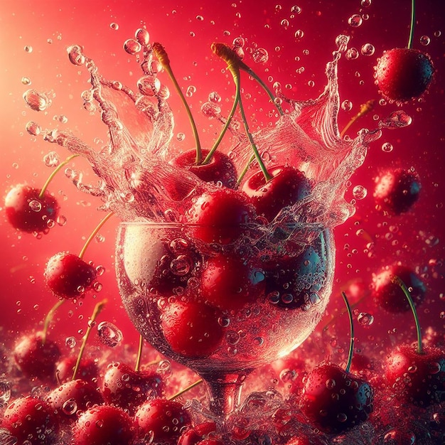 Wasser spritzt und zerquetscht auf frischen Cherry-Rot-Gradienten-Hintergründen