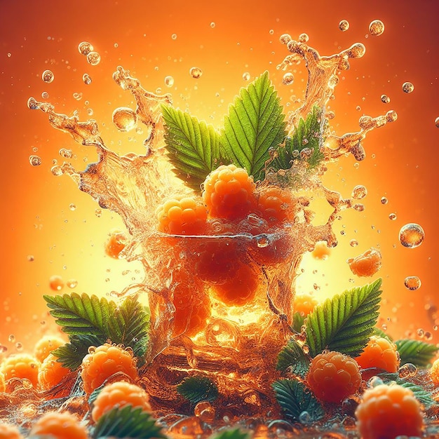 Wasser spritzt und zerquetscht auf frischen Cloudberry-Orange-Gradienten-Hintergründen