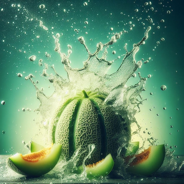 Wasser spritzt und zerquetscht auf frischen Crenshaw Melon Grünen Gradienten-Hintergründen