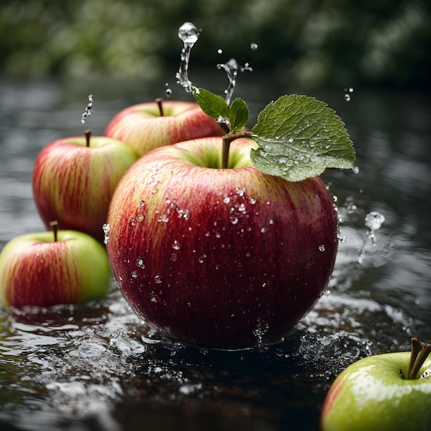 Wasserbespritzter Apfel in Nahaufnahme