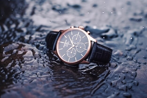 Foto wasserdichte luxuriöse männeruhr auf dem stein unter dem regen kommerzielles konzept maßgeschneidert wasserdicht design generative ai.