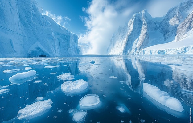Wasserfälle und Eisschwellen dominieren die riesigen antarktischen Landschaften, Gletscher und Eisberge.