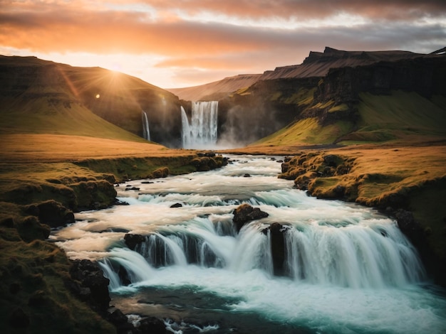 Wasserfall beim Sonnenuntergang wunderschöner Wasserfall in Island