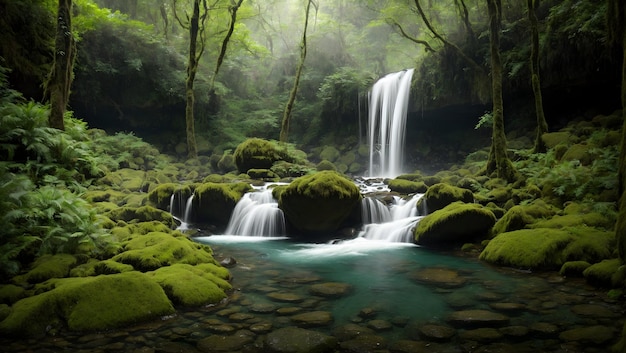 Wasserfall bergab in eine ruhige Lagune, umgeben von moosigen Felsen und üppigem Grün